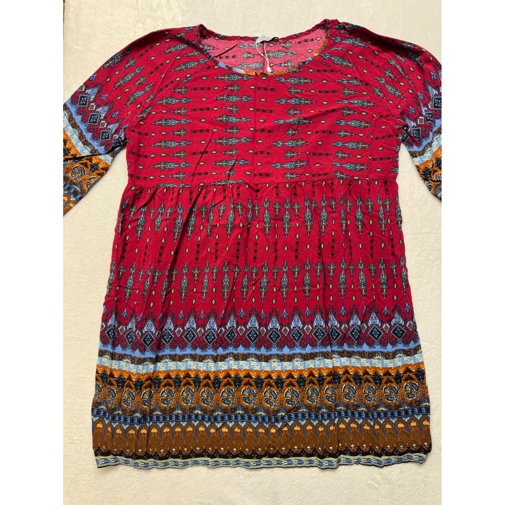 Meaneor Womens XXL Red Bohemian Print Empire Waist 3/4 Sleeve Babydoll Tunic Top